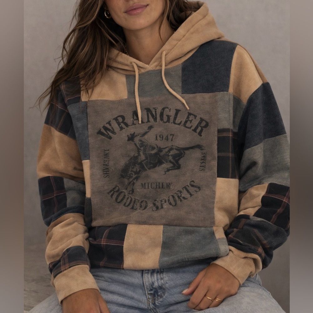 Wrangler Upcycled Brown and Gray Rodeo Casual Patchwork Hoodie Sweater